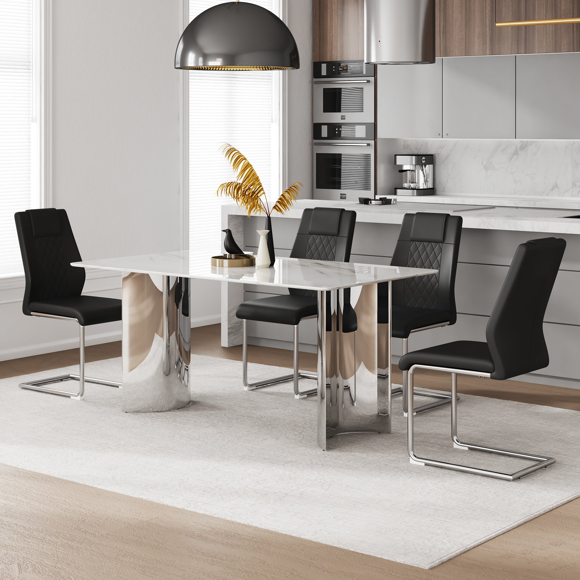 Marble glass top dining table with wooden legs and matching chairs in the Atelier dining set by Anthony & Home.
