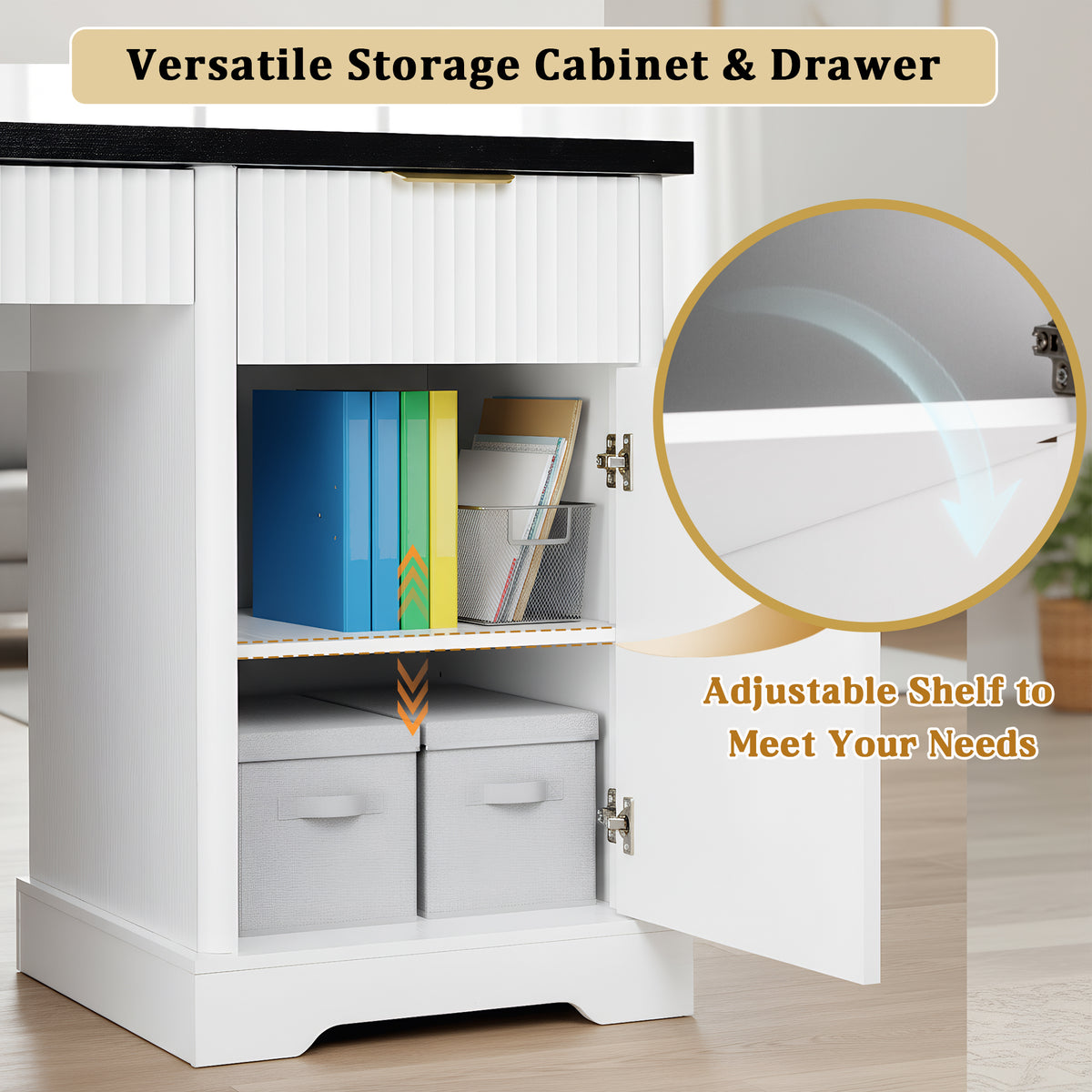 Anthony & Home Atelier Fluted Office Desk with storage cabinet, pegboard, and keyboard tray in white, 55 inches wide.