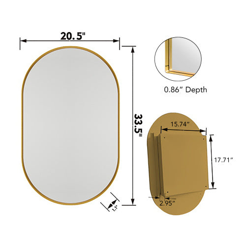 20x34 Oval Recessed Medicine Cabinet Metal Framed Matte Gold
