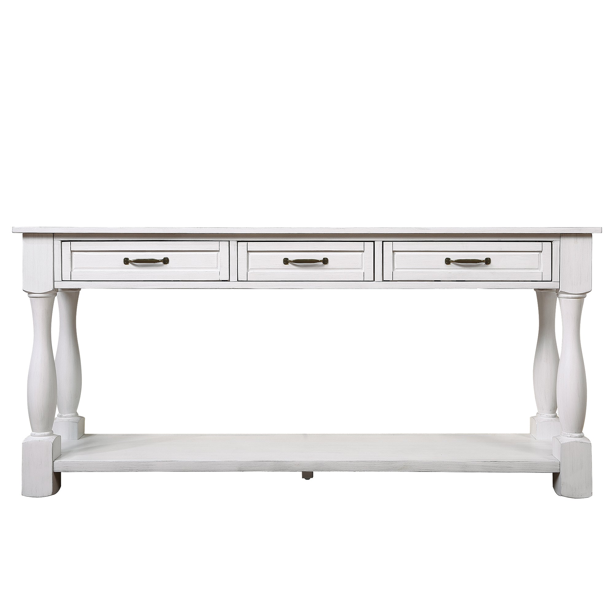 Antique white wood console table by Anthony & Home with 63-inch length, three drawers, bottom shelf, and easy assembly.