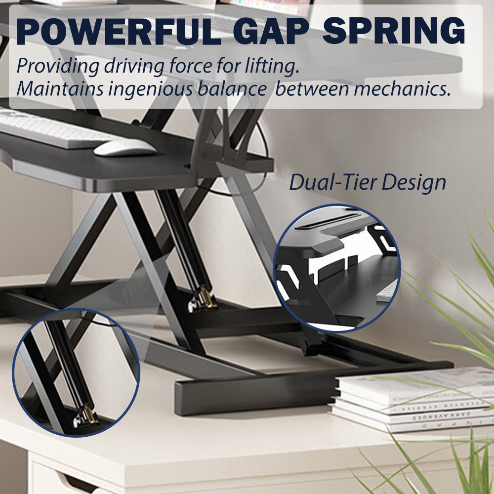 Anthony & Home 32-inch aluminum desk converter with dual monitor tray, adjustable height and workspace for ergonomic office setup.