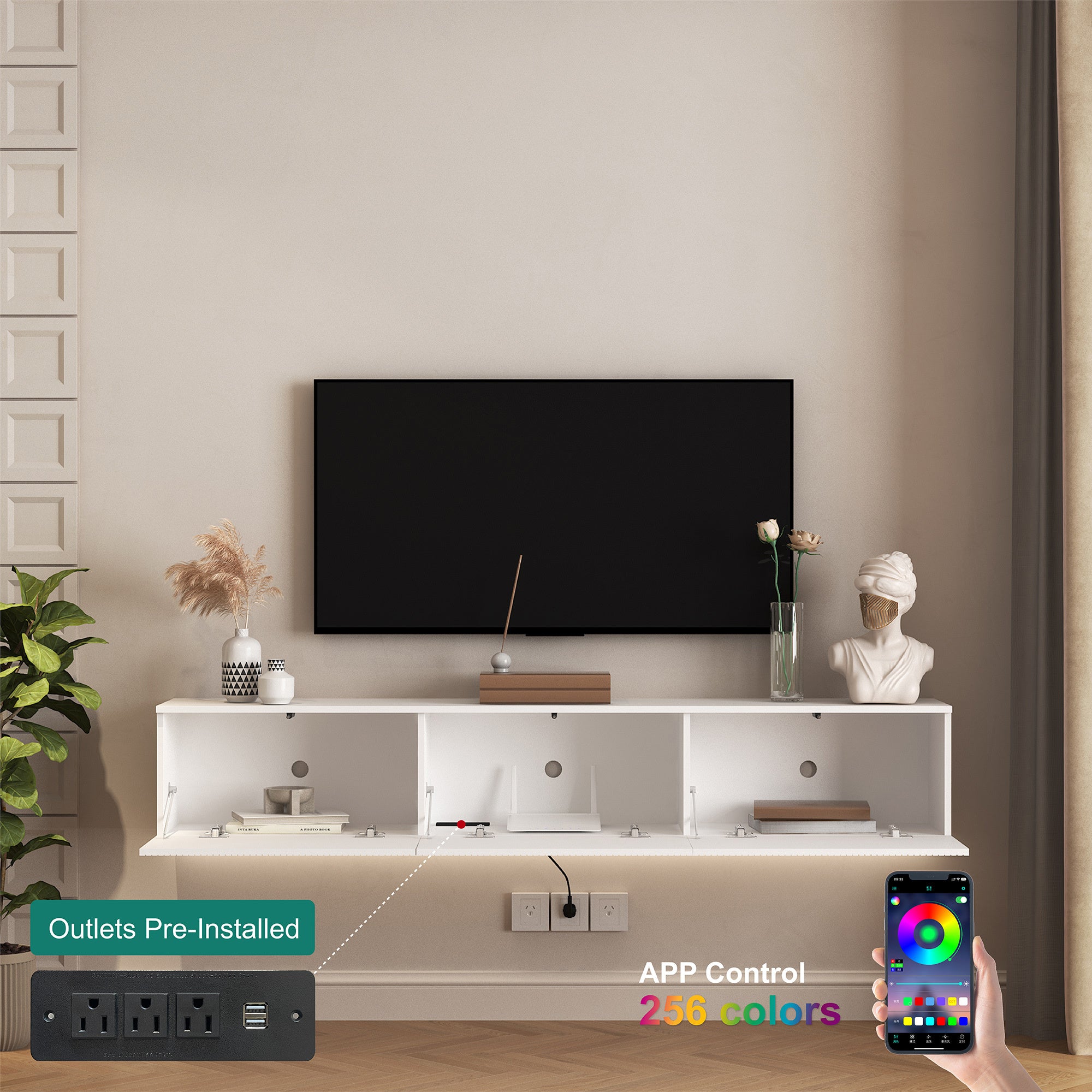 Floating White TV Stand Wall Mount With 16 Color LEDs