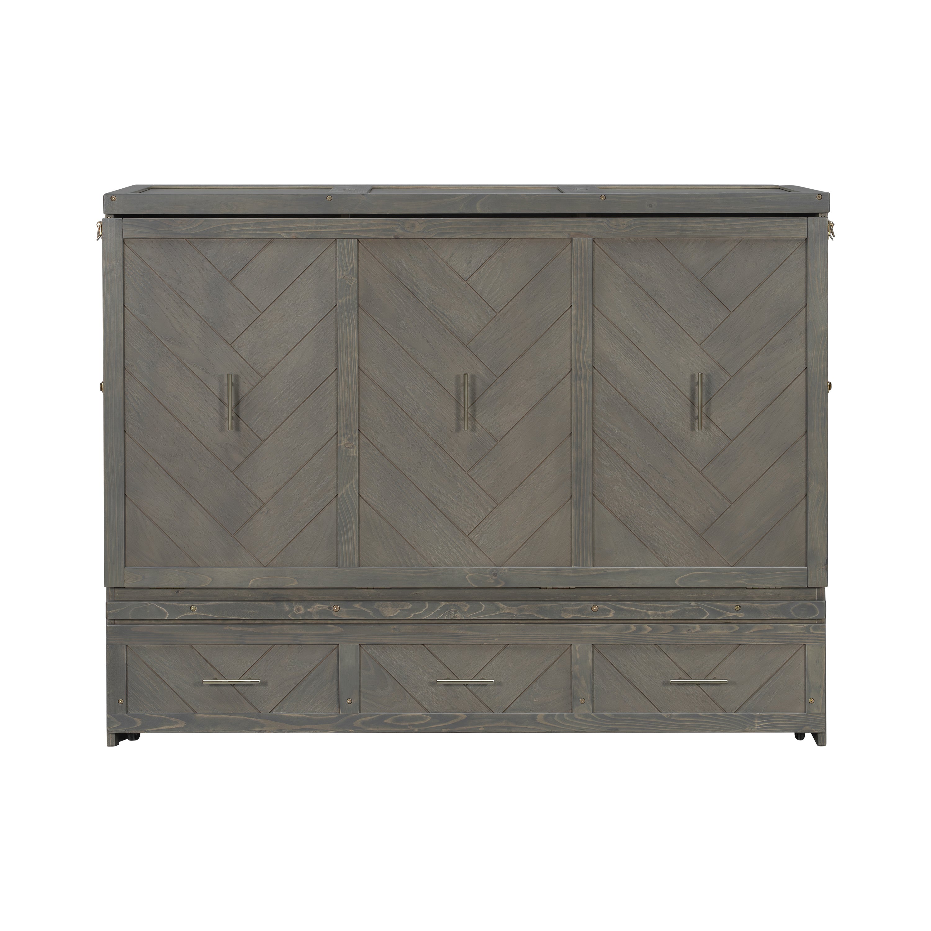 Queen Murphy bed in pine cabinet with grey finish, USB charging, and geometrical panel design by Anthony & Home studio collection.