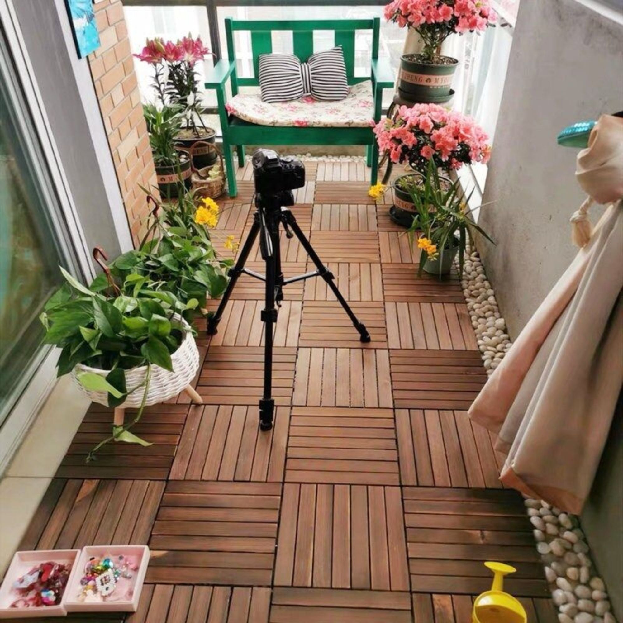 Anthony & Home Acacia Studio Interlocking Deck Tiles in striped design, 12-inch size, suitable for outdoor patios and flooring.