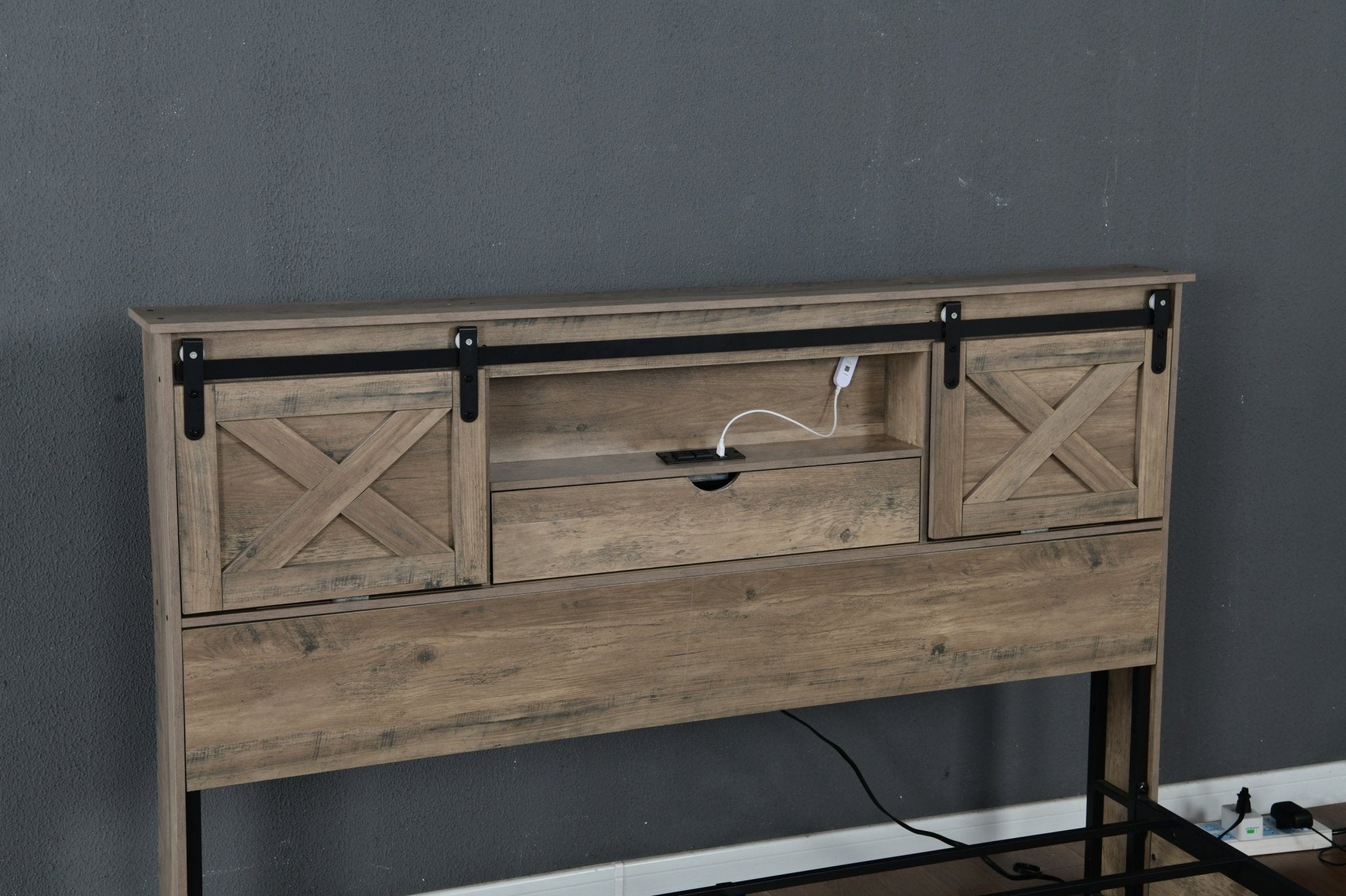 Queen farmhouse bed frame by Anthony & Home with grey rustic wood finish, LED lighting, charging station, and storage drawers.