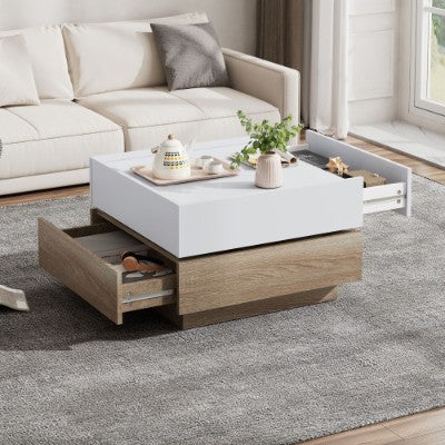 Square 360 Rotating Coffee Table With 2 Drawers, Wooden 2-Tier Center Table With Swivel Tabletop And Storage, Tea Table , Oak Table Frame Side Table For Living Room