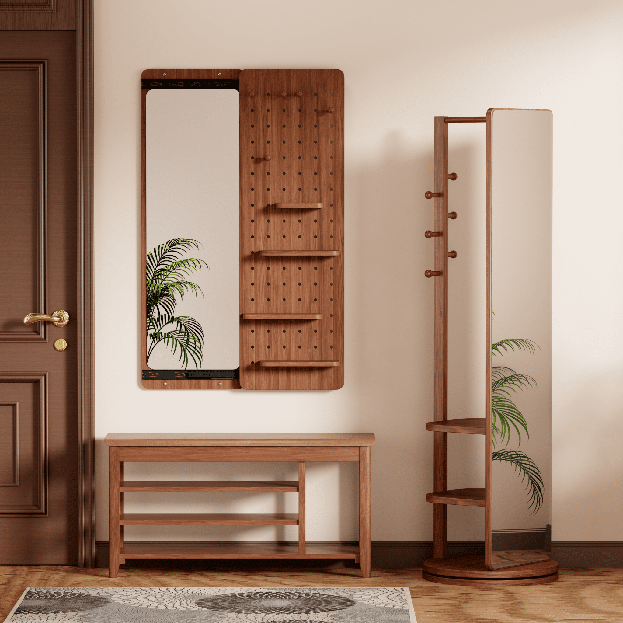 Walnut wall-mounted full-length mirror by Anthony & Home, featuring a sleek, modern design with a sturdy frame, ideal for bedroom or hallway.