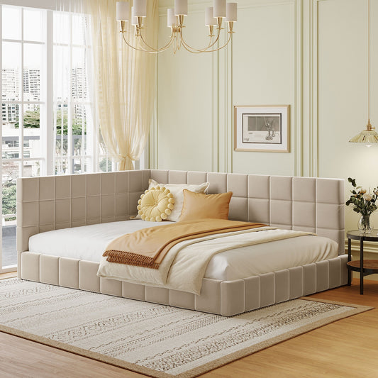 Beige Velvet Full Size Upholstered Sofa Bed Frame Modern