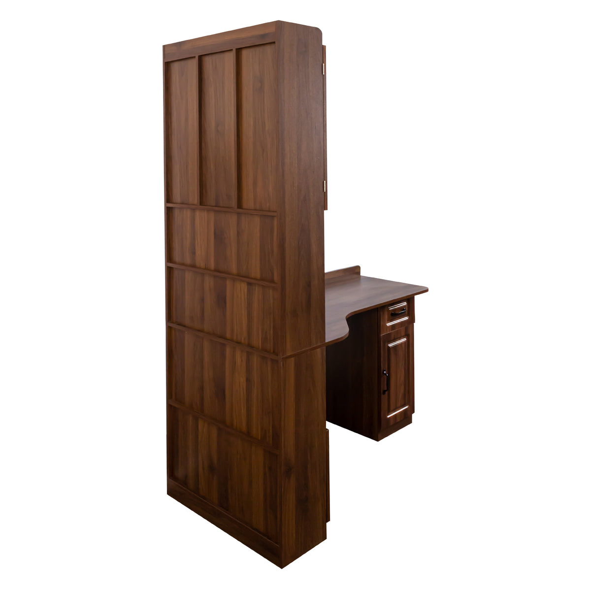 L-shaped corner desk with hutch in oak veneer by Anthony & Home, showing the workspace with storage compartments and a sleek design.