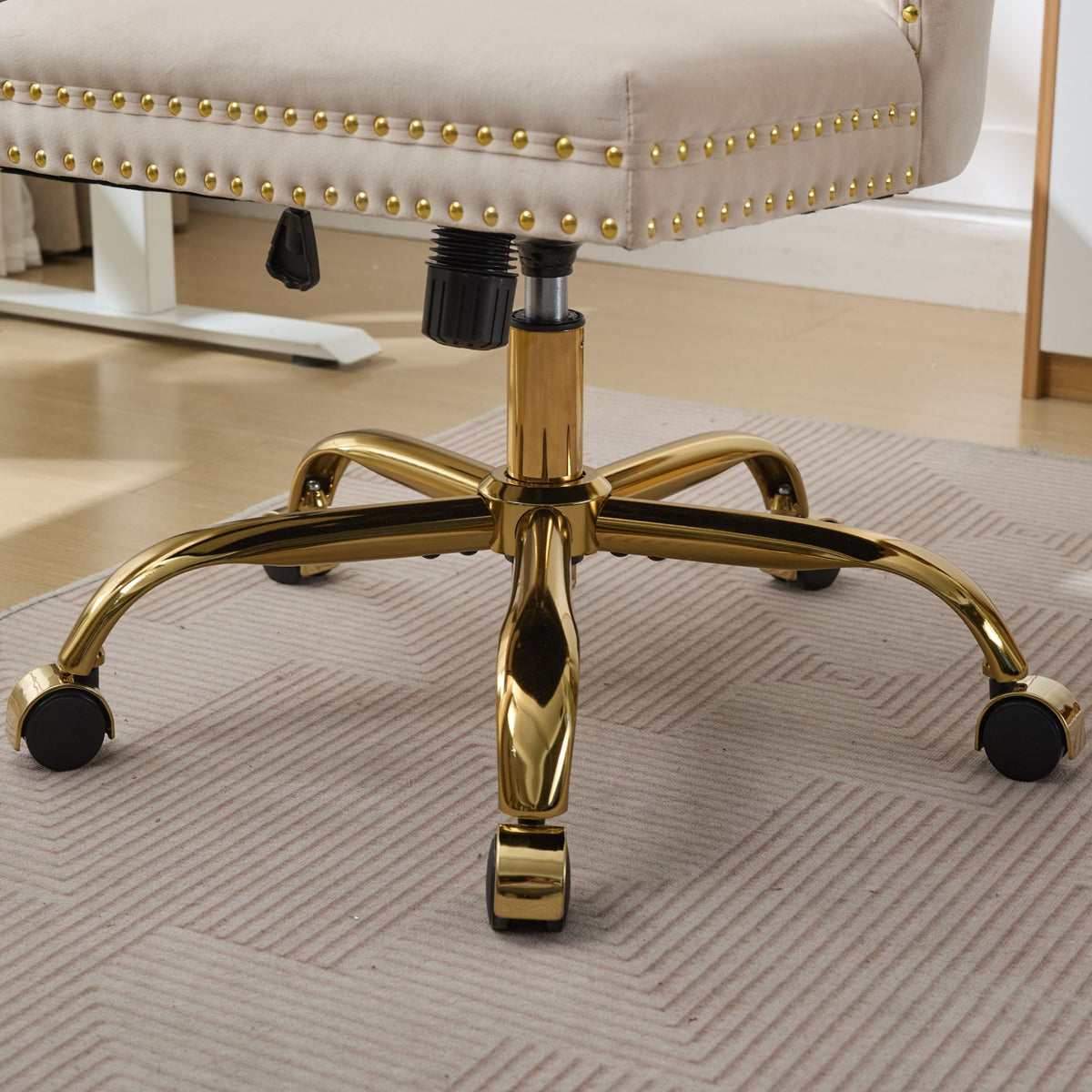 Beige A&A velvet tufted office chair by Anthony & Home with adjustable height, swivel base, and ergonomic design.