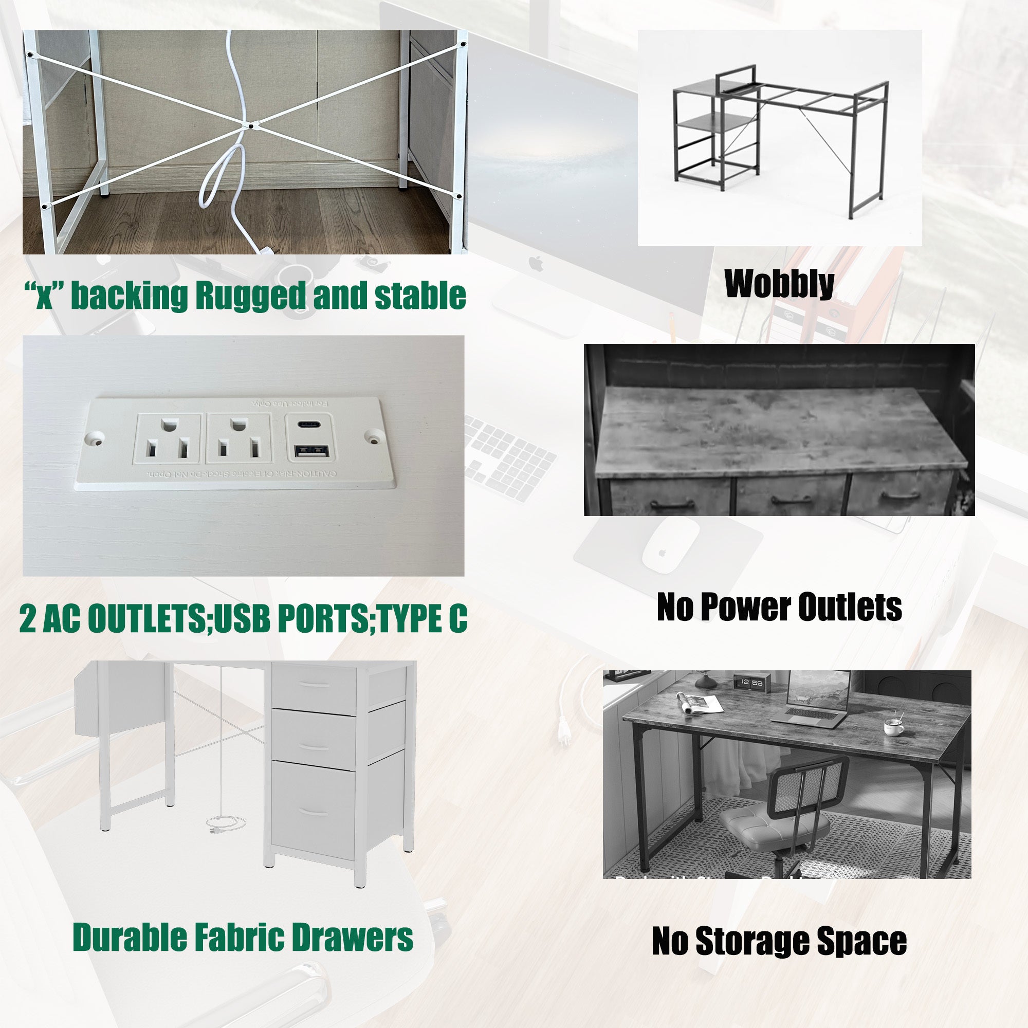 Anthony & Home white lacquer office desk with three drawers, power outlet, reversible frame, and easy assembly.