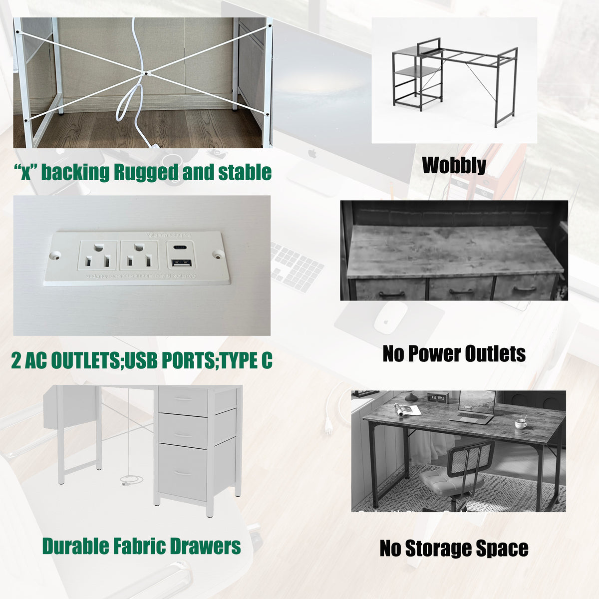 Anthony & Home white lacquer office desk with three drawers, power outlet, reversible frame, and easy assembly.