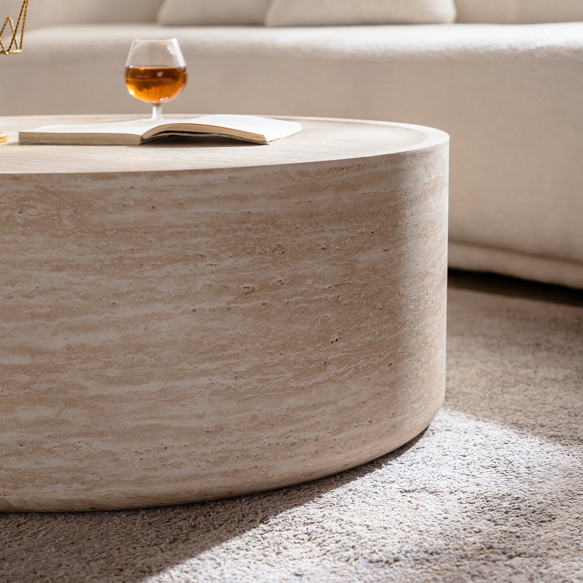 Round drum coffee table with Mars pattern by Anthony & Home, featuring a smooth surface and modern design, no assembly needed.