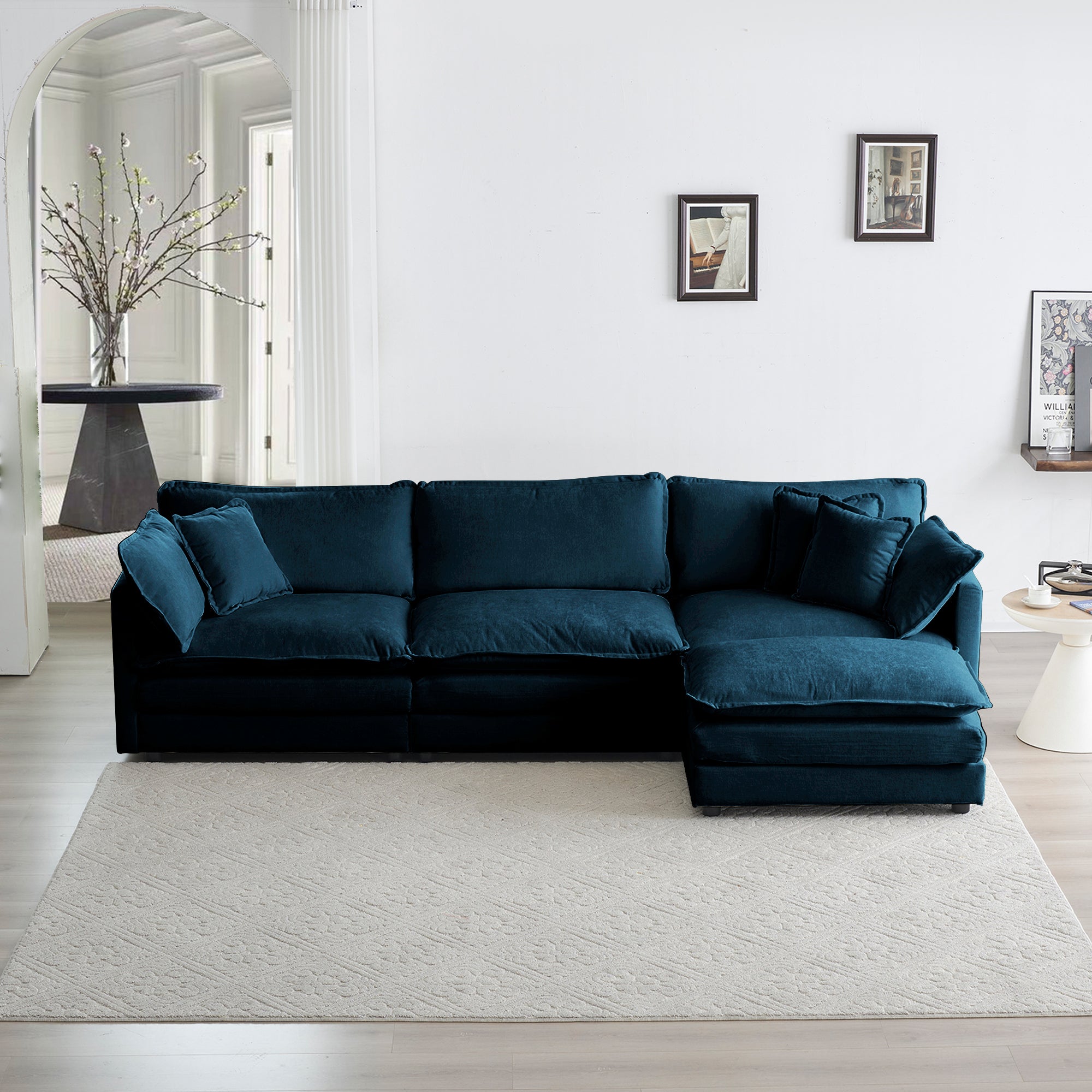 Blue Chenille Modular L Shaped Sectional Sofa With Reversible Ottoman Limited Edition