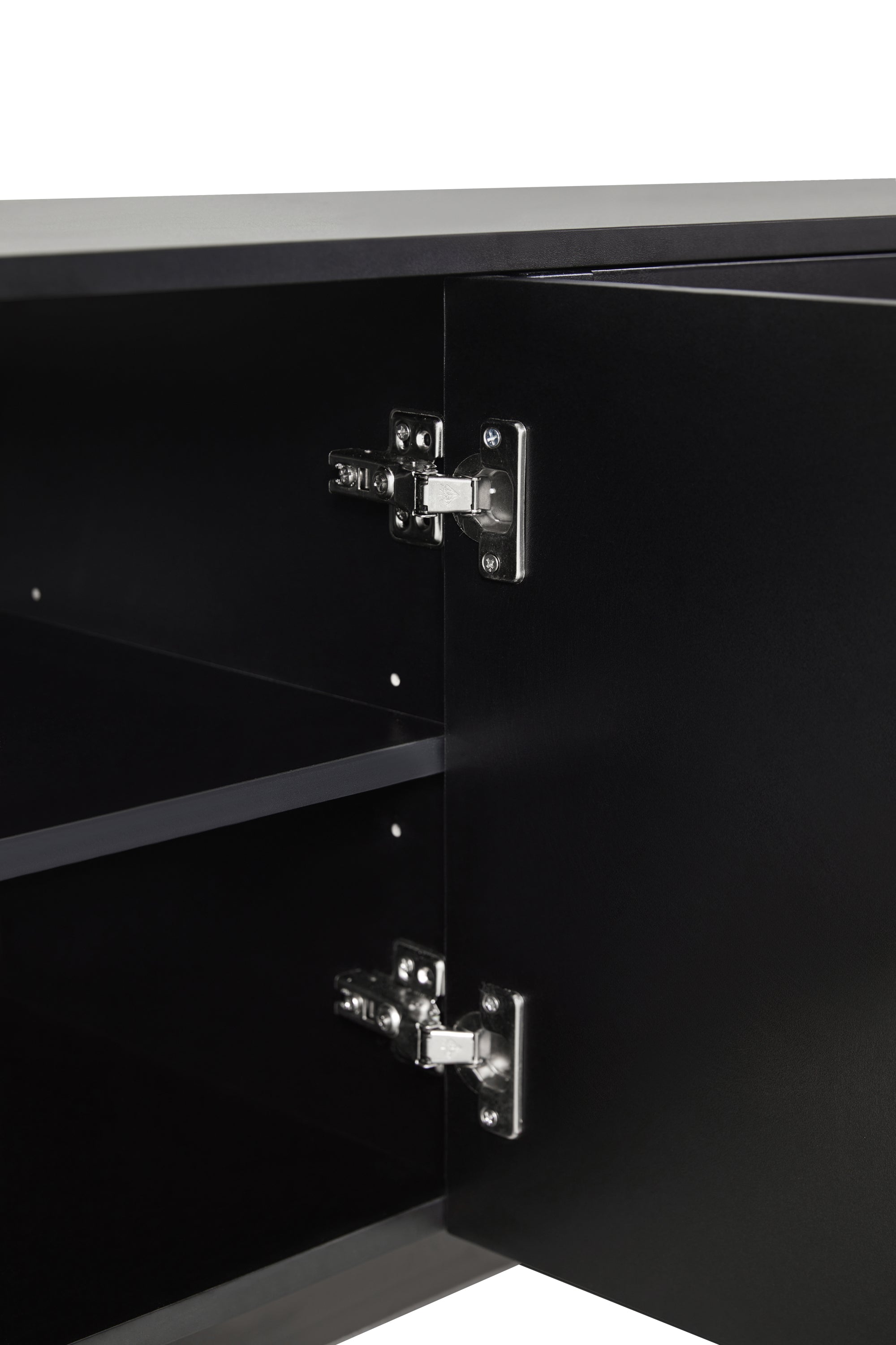 Black Anthony & Home Graceful TV stand with arch cabinets, solid wood legs, adjustable shelves, for TVs up to 78 inches.