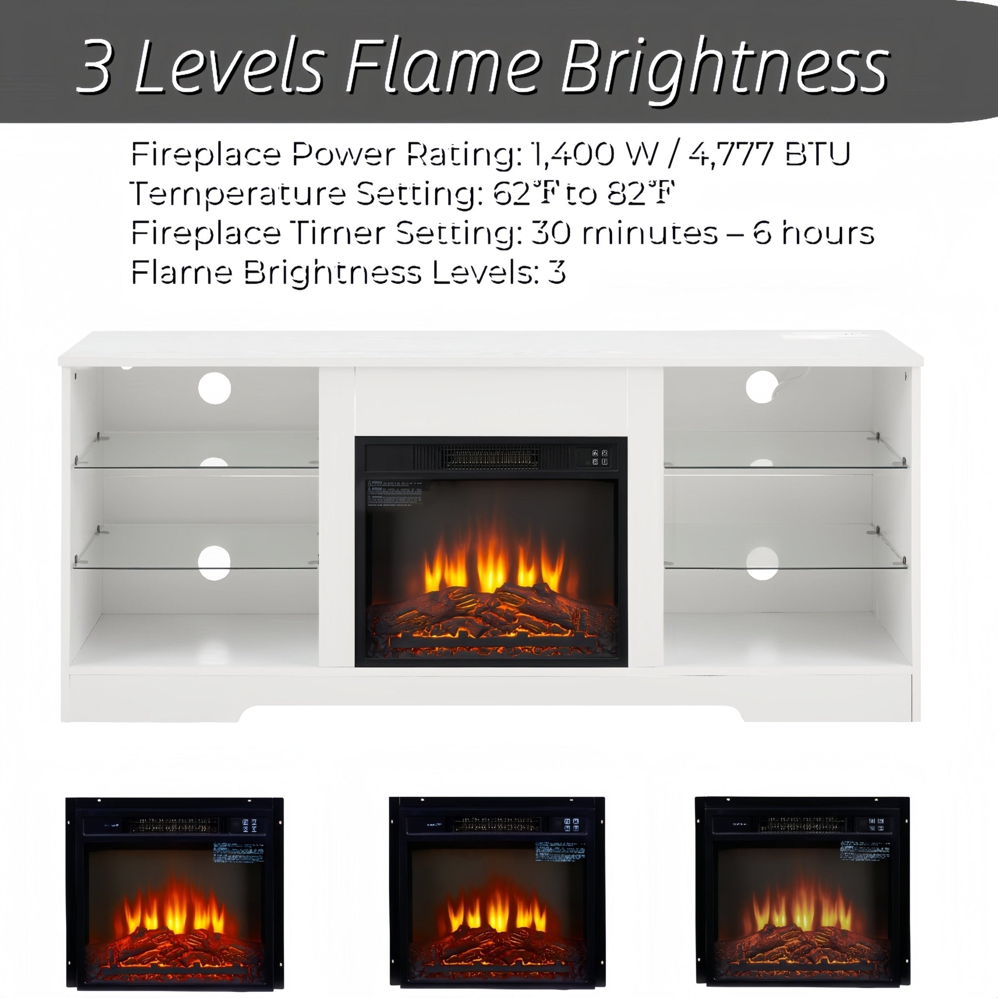 Anthony & Home electric fireplace TV stand with glass shelves, modern design, and built-in fireplace for cozy living rooms.