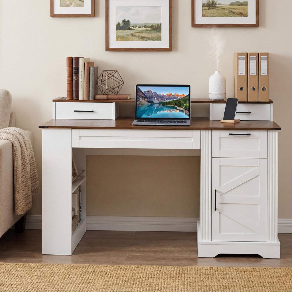 Anthony & Home Studio Barn Door Desk with storage and charging station, featuring a sleek wooden design and modern barn door style.