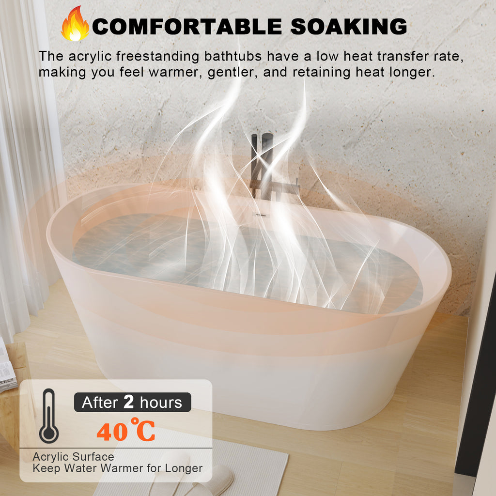 Glossy white acrylic freestanding soaking tub by Anthony & Home with ergonomic design, shown from side view.