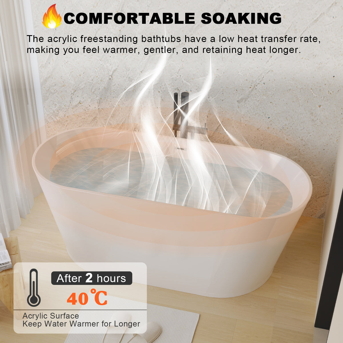 Glossy white acrylic freestanding soaking tub by Anthony & Home with ergonomic design, shown from side view.