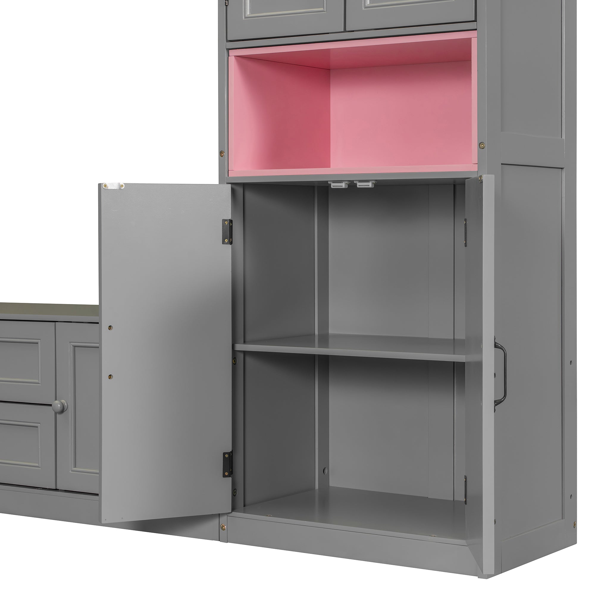 Gray Anthony & Home Atelier Murphy Bed TV stand with drawers, solid wood, modern furniture for space-saving bedroom or living room.