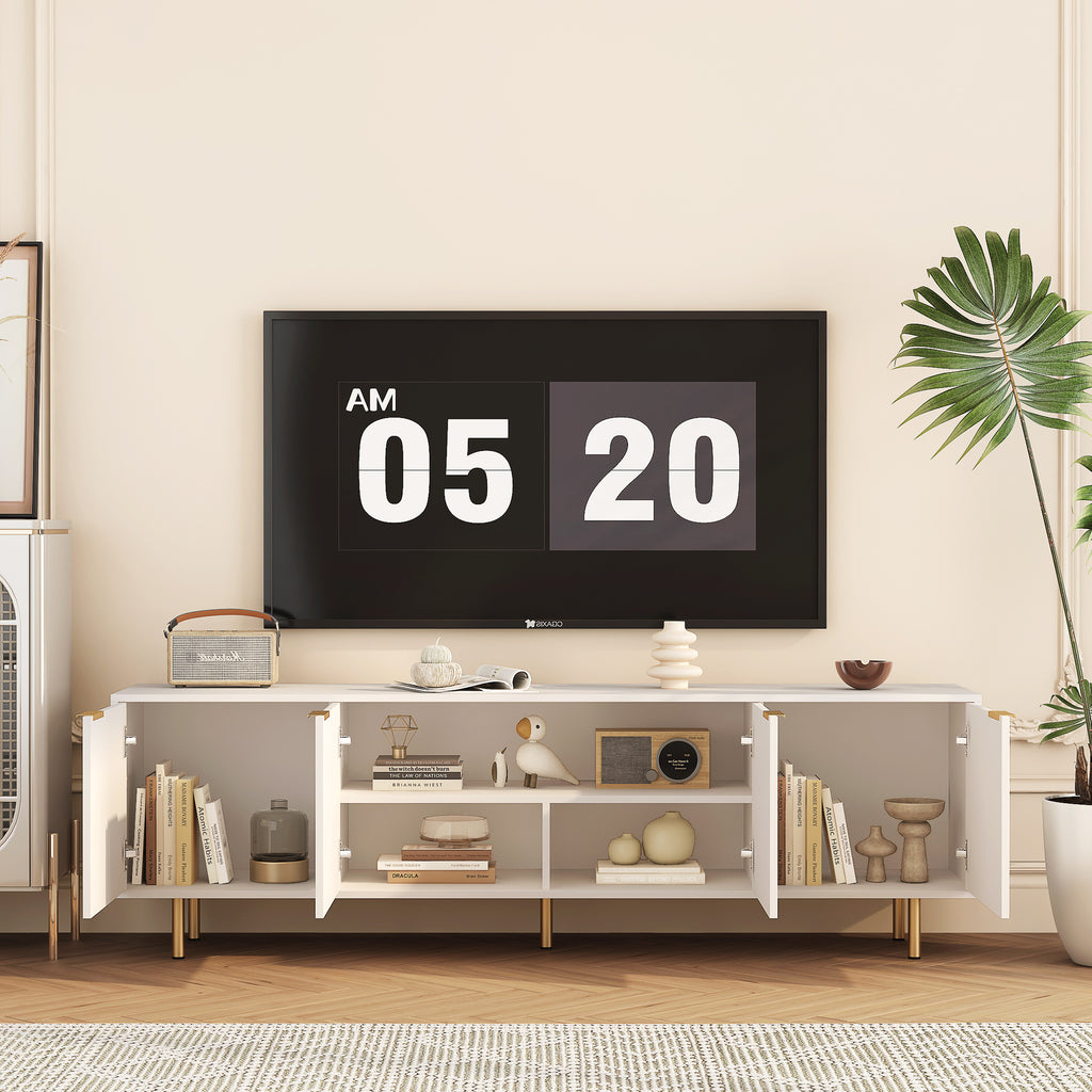 White Fluted Modern TV Stand With Storage Doors 68 Inch