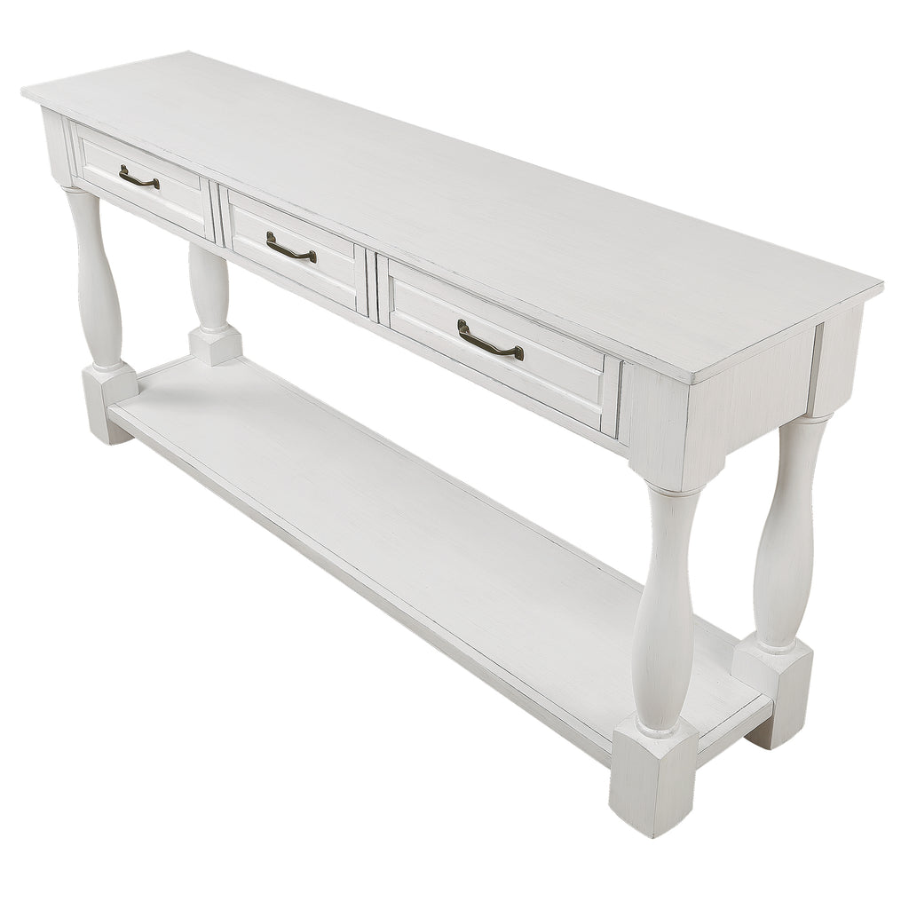 Antique white wood console table by Anthony & Home with 63-inch length, three drawers, bottom shelf, and easy assembly.