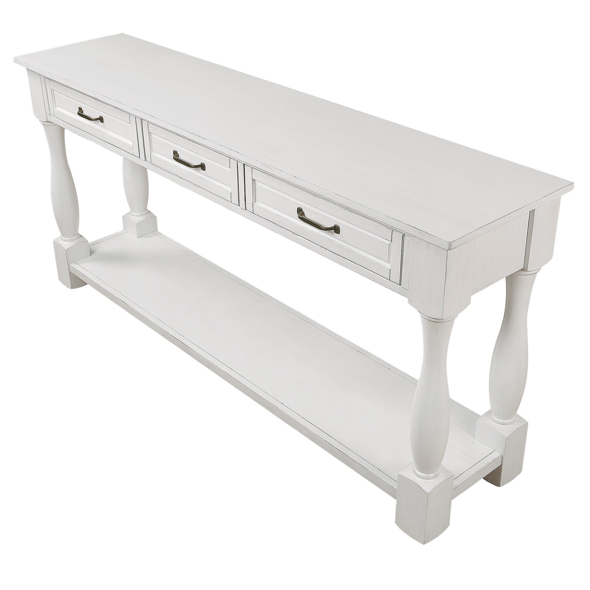 Antique white wood console table by Anthony & Home with 63-inch length, three drawers, bottom shelf, and easy assembly.