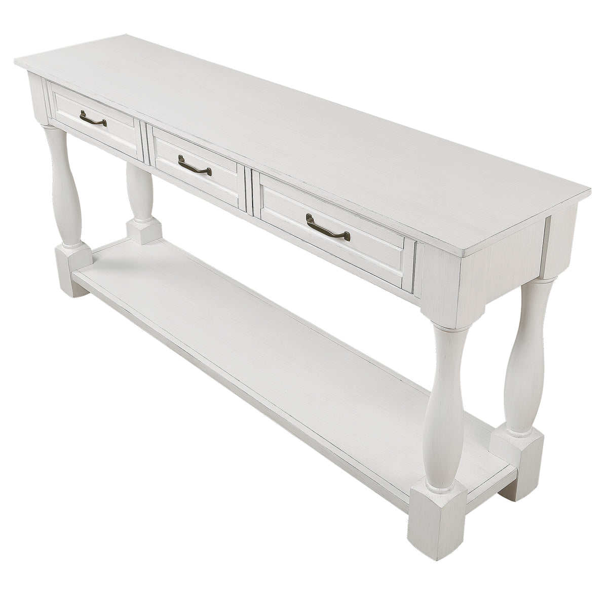 Antique white wood console table by Anthony & Home with 63-inch length, three drawers, bottom shelf, and easy assembly.