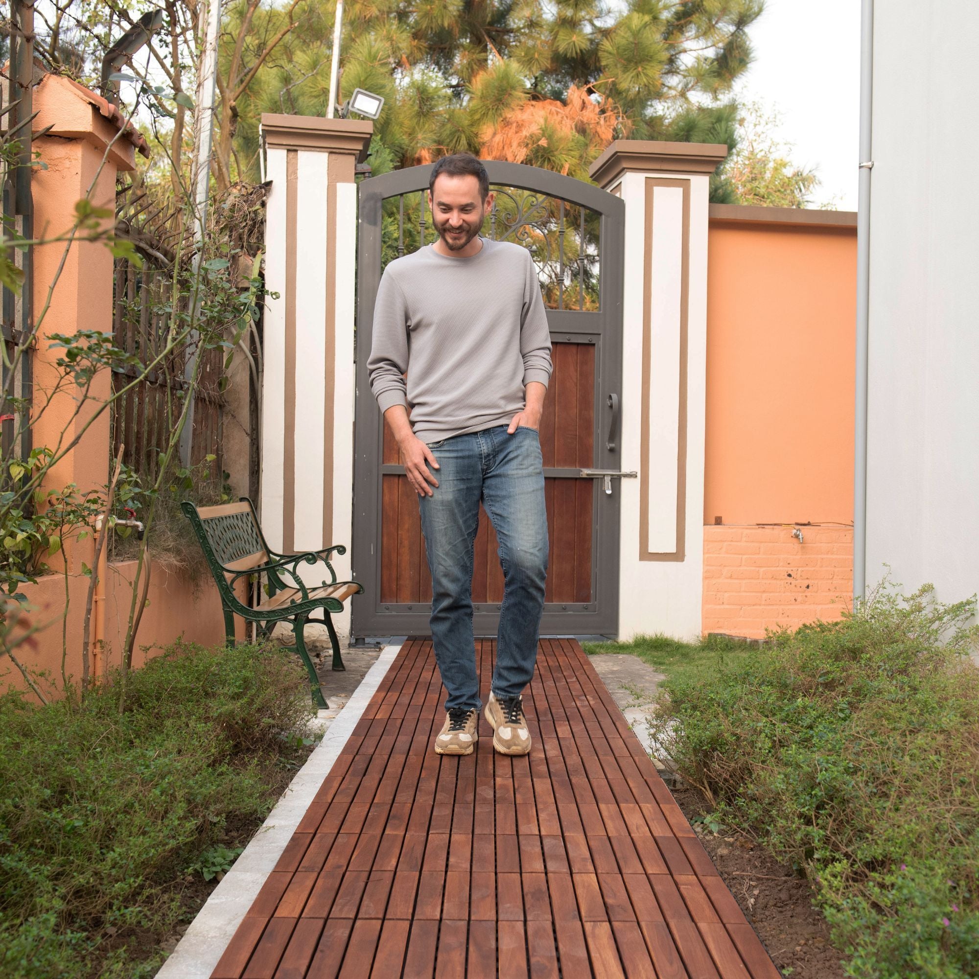 Anthony & Home Acacia Studio Interlocking Deck Tiles in striped pattern, 12-inch outdoor flooring for patios and decks.