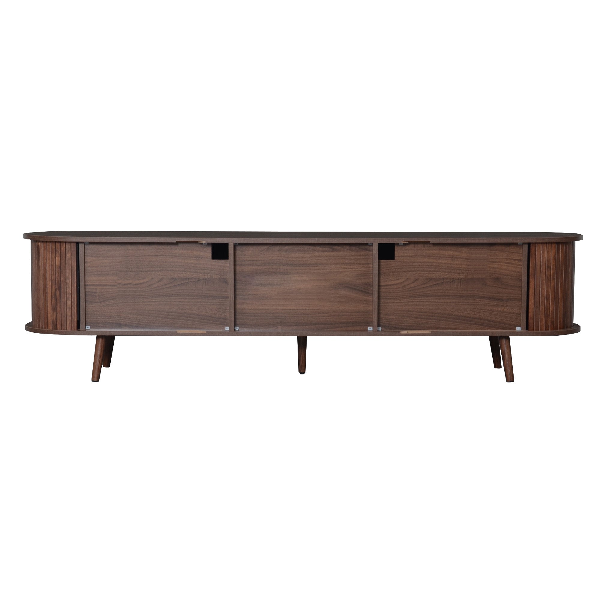 Dark brown mid-century modern TV stand with storage for 80-inch TV, crafted from solid wood and MDF, measures 70.8 inches long.