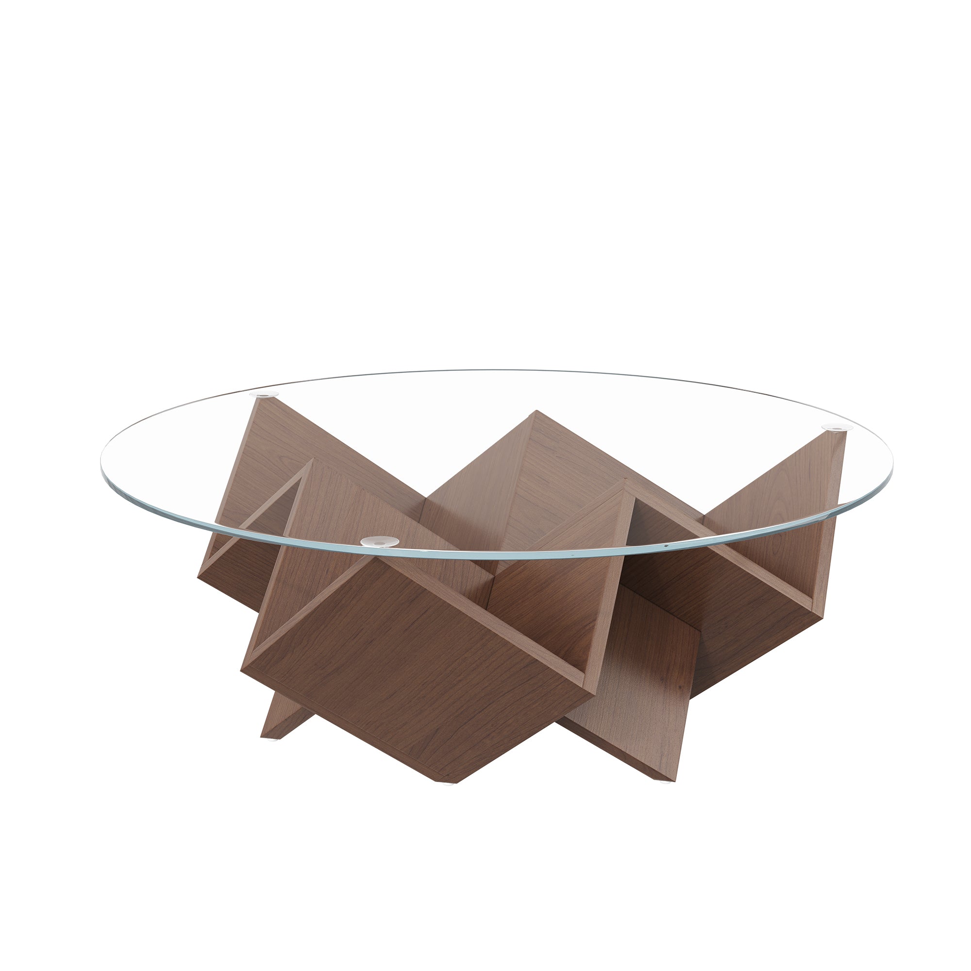 Round walnut coffee table with glass top and geometric Art Deco base from Anthony & Home's Atelier Collection.