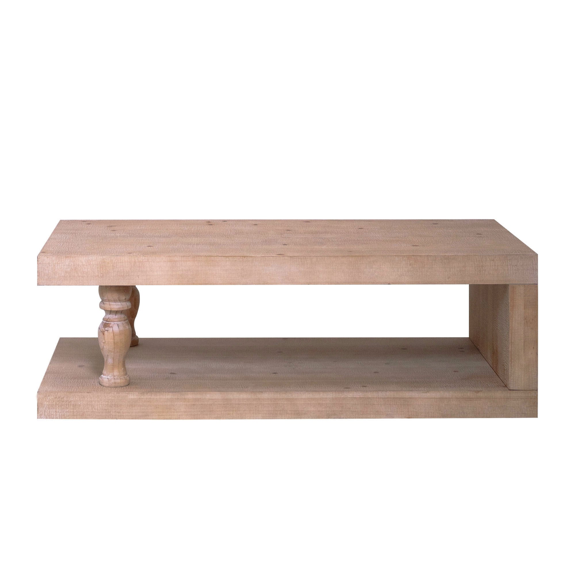 Solid wood coffee table from Anthony & Home with a light natural finish and open shelf, featuring a modern farmhouse design.