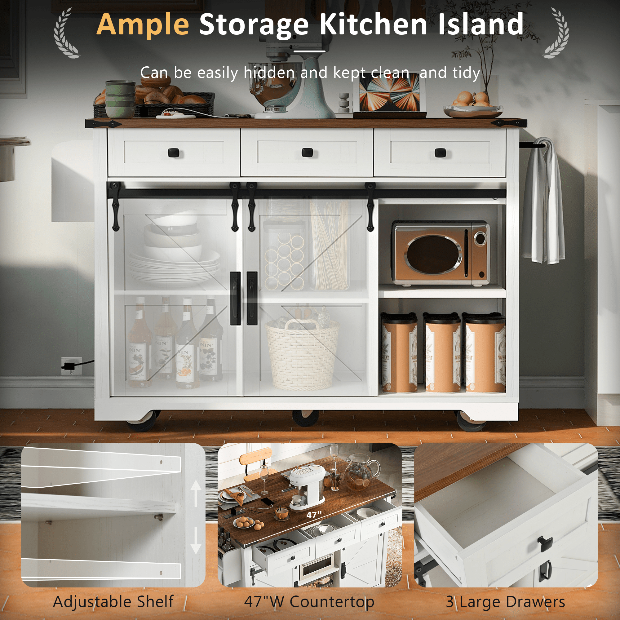 Anthony & Home farmhouse kitchen island with wood-grain top, featuring a sturdy wooden surface and rustic design elements.