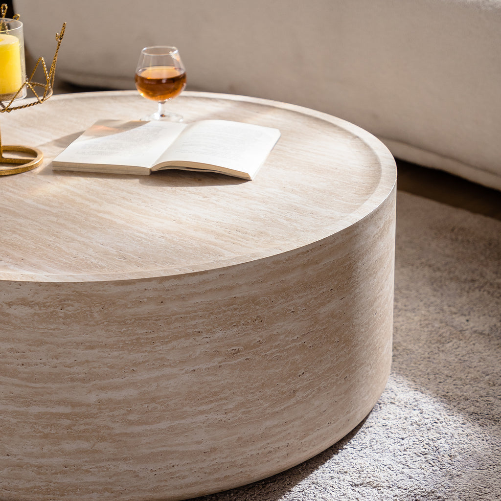 Anthony & Home Mars pattern round drum coffee table with no assembly required, featuring a stylish modern design.