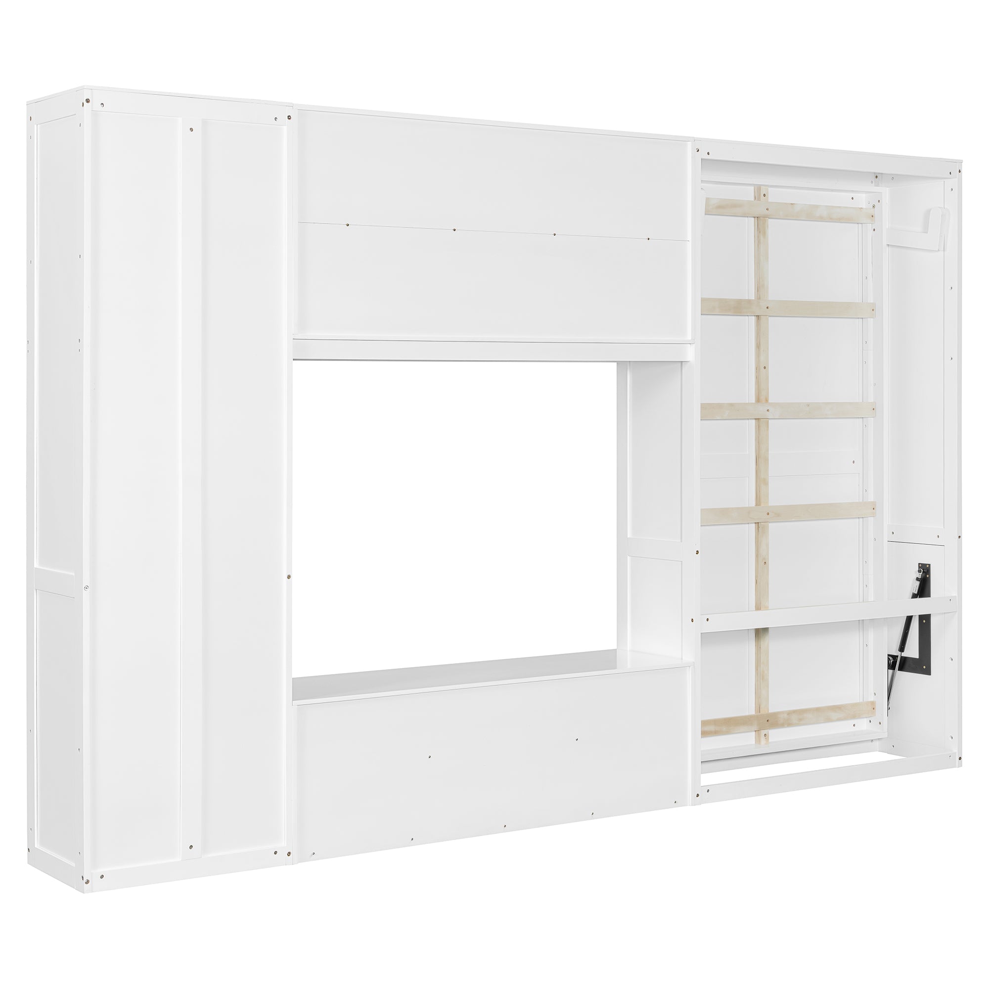 Solid wood twin Murphy bed with TV stand, white finish, two drawers, cabinets, by Anthony & Home, limited edition design.