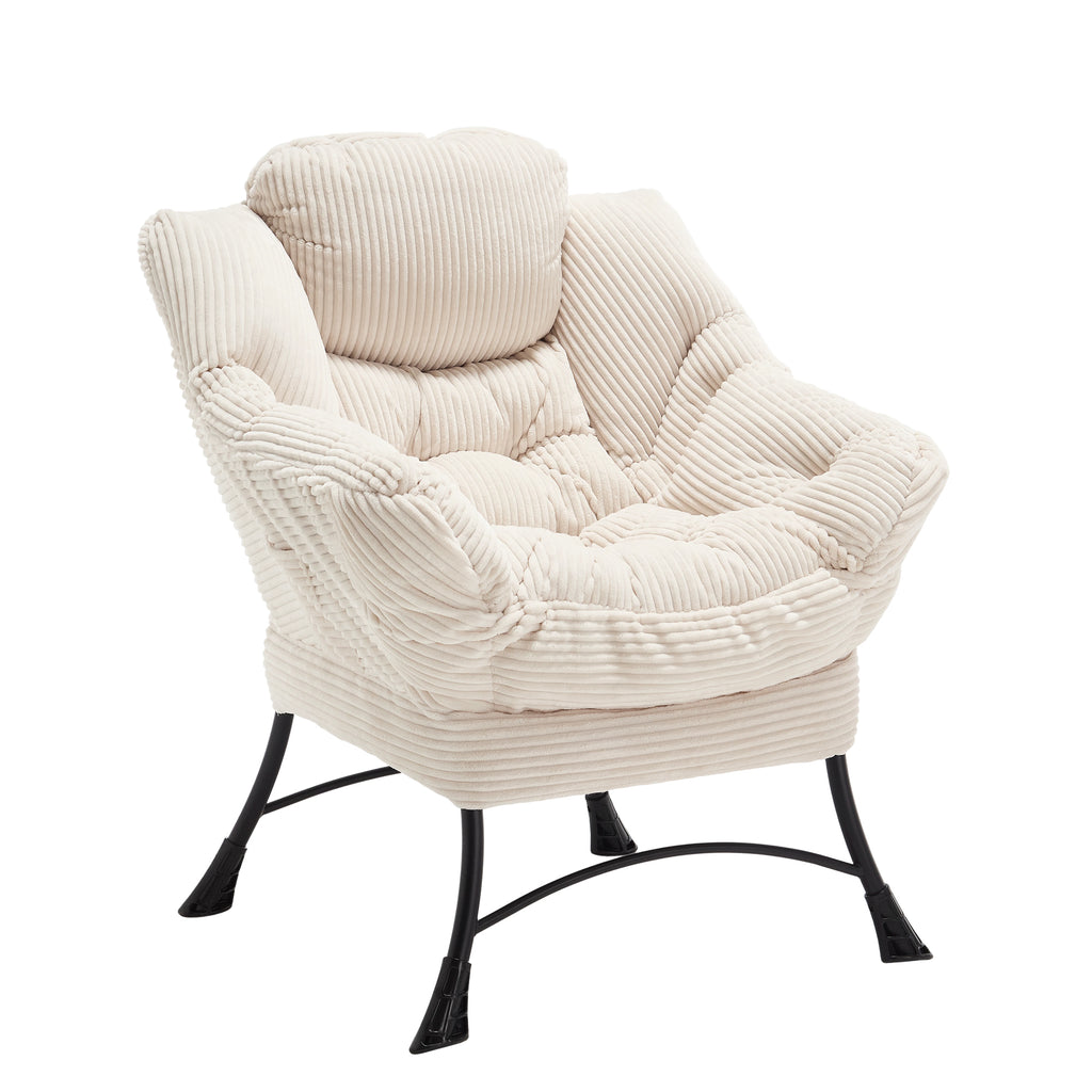 Ivory upholstered lounge chair with matching ottoman and side pocket, modern reading nook accent by Anthony & Home