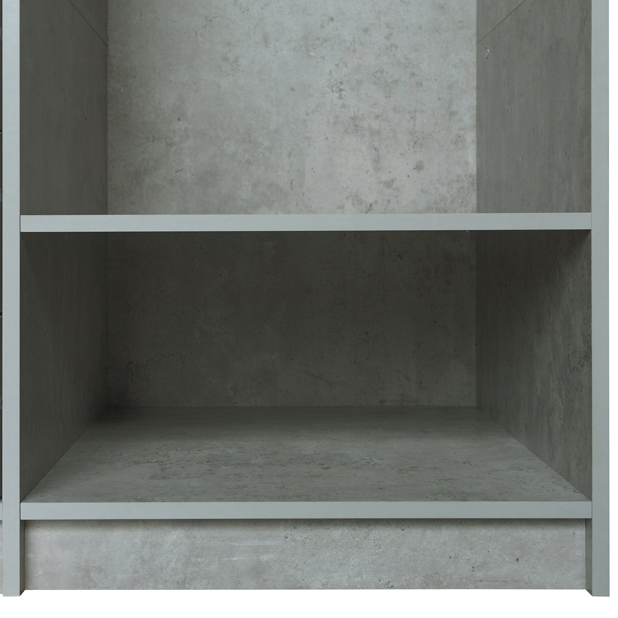 Open grey wooden wardrobe from Anthony & Home's Premier Collection featuring dual hanging rods and spacious interior.