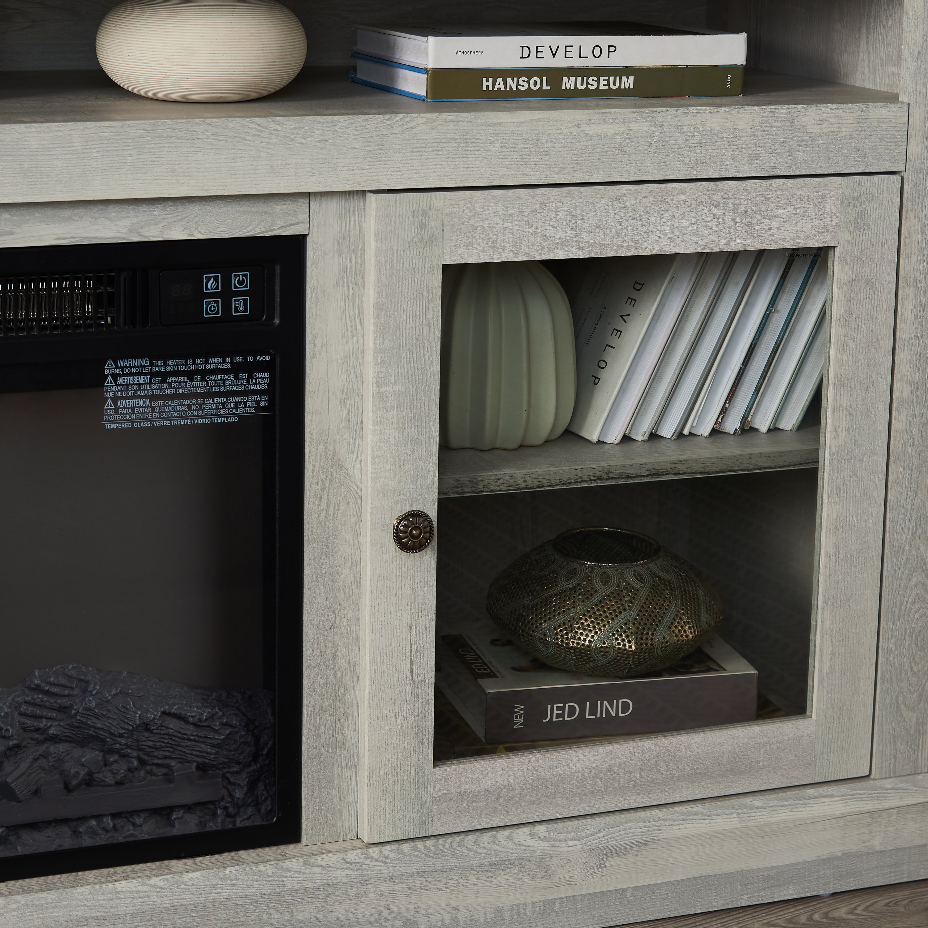 Contemporary Anthony & Home media stand with open and closed storage, stone gray finish, 60-inch wide, includes 18-inch fireplace insert.