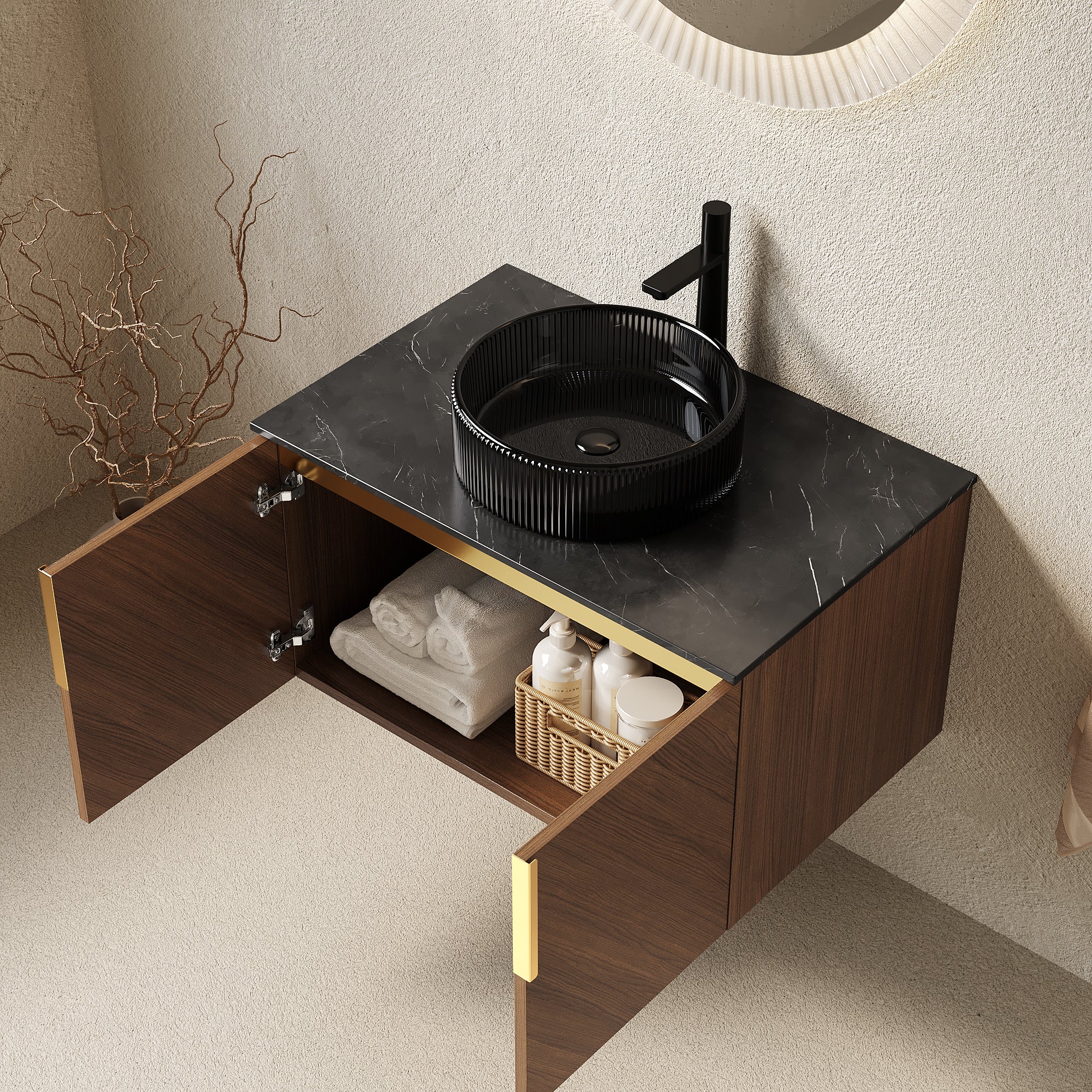 Anthony & Home Aria Collection wall-mount bath vanity with sintered stone countertop, sleek modern bathroom fixture.