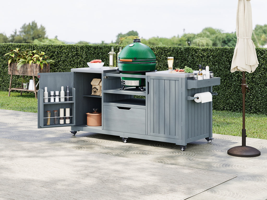 Solid wood outdoor kitchen island with storage for Big Green Egg, built by Anthony & Home, featuring a spacious cooking surface and sturdy design.