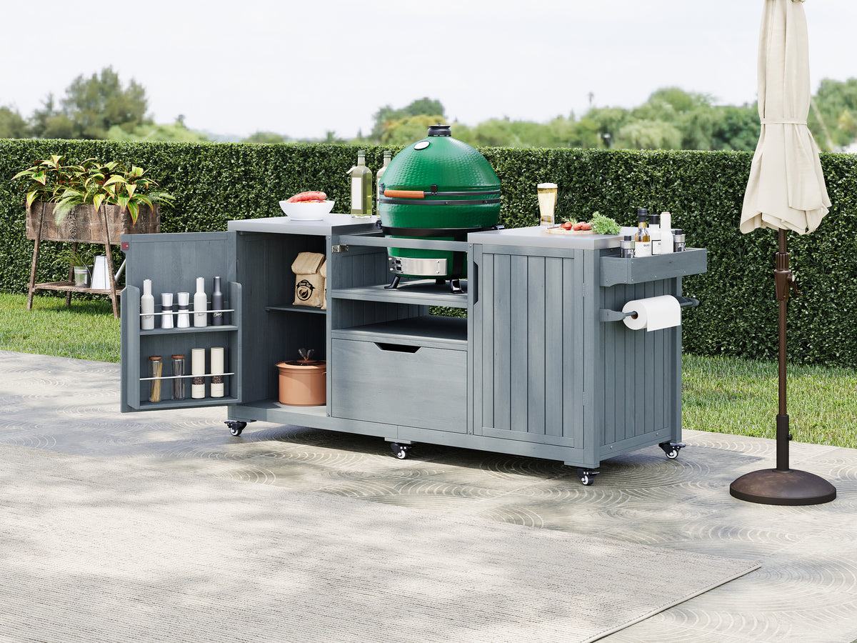 Solid wood outdoor kitchen island with storage for Big Green Egg, built by Anthony & Home, featuring a spacious cooking surface and sturdy design.
