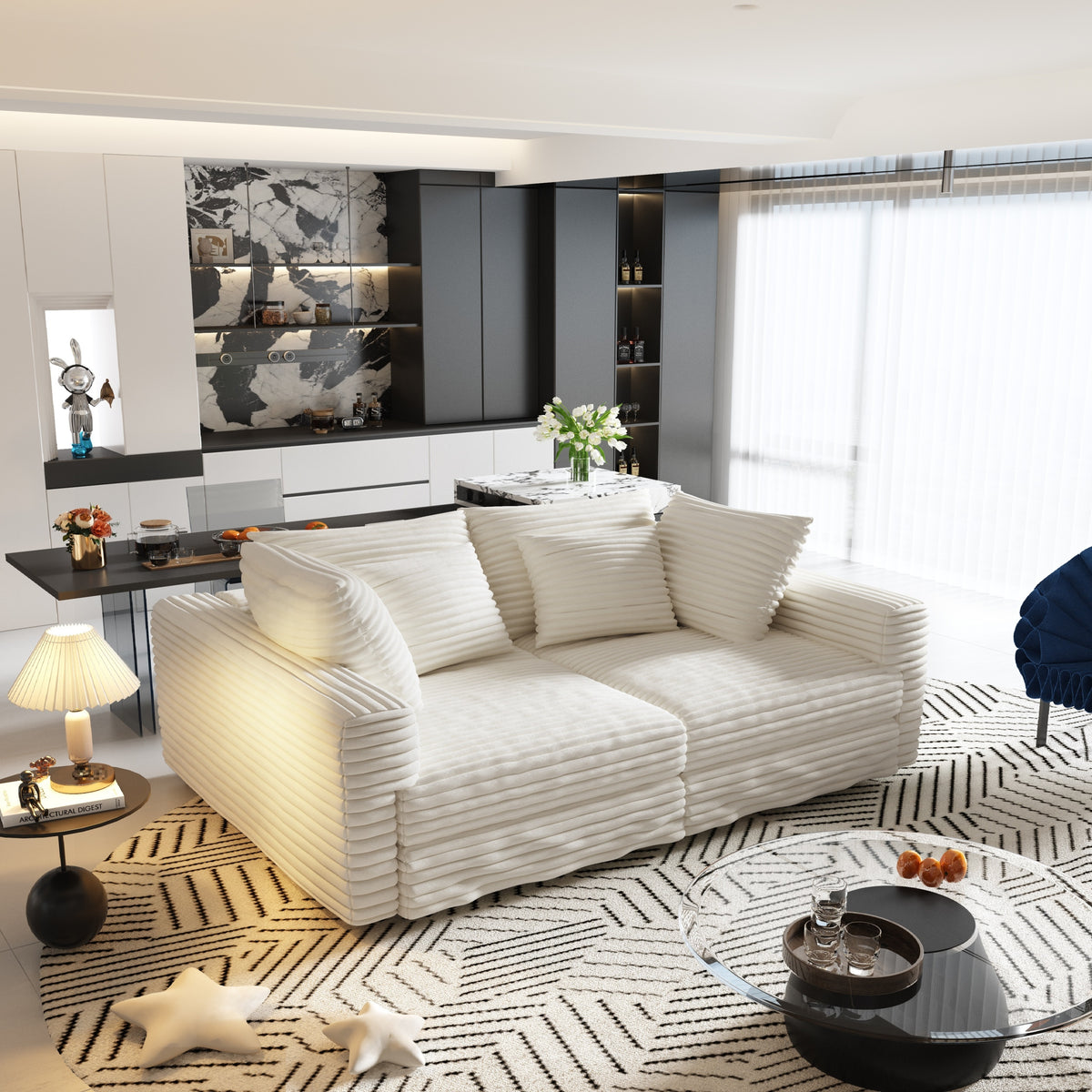 Anthony & Home Atelier Plush Corduroy 4-seat sofa with soft, textured fabric and modern design, shown in a cozy living room setting.