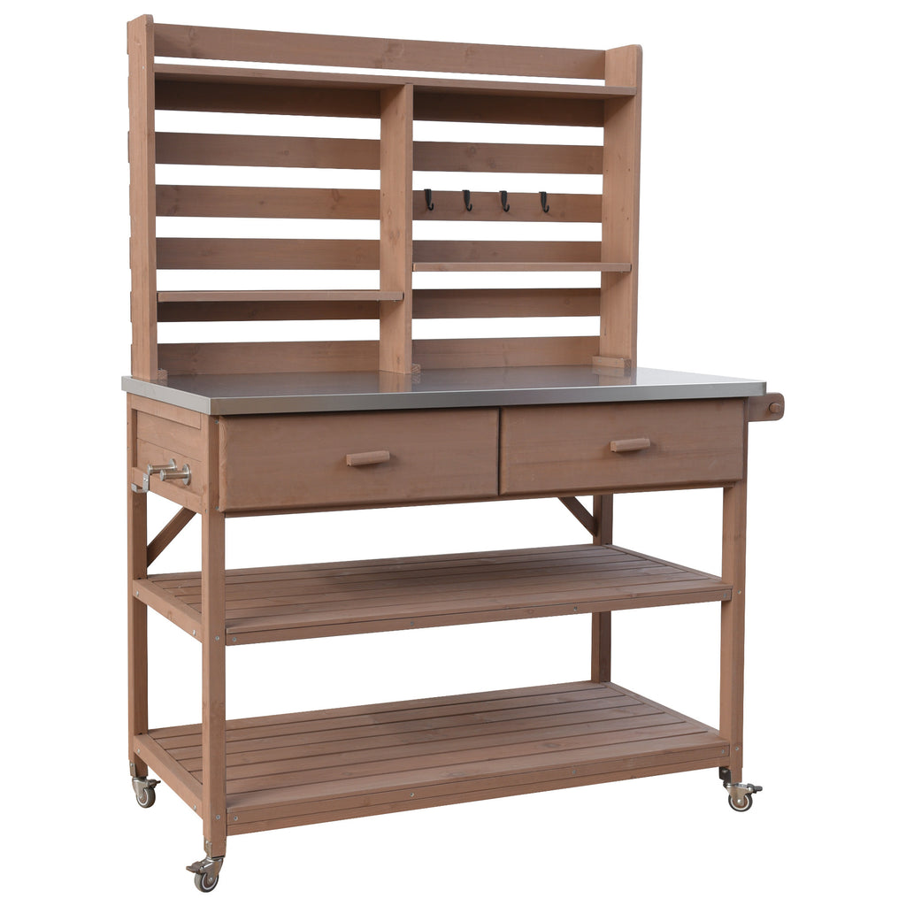Anthony & Home Signature outdoor potting bench with stainless steel top, featuring a sturdy frame and ample workspace for gardening.