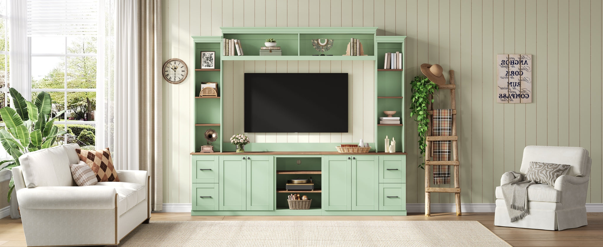 Walnut-accented mint green Anthony & Home entertainment console with sleek design and storage compartments.