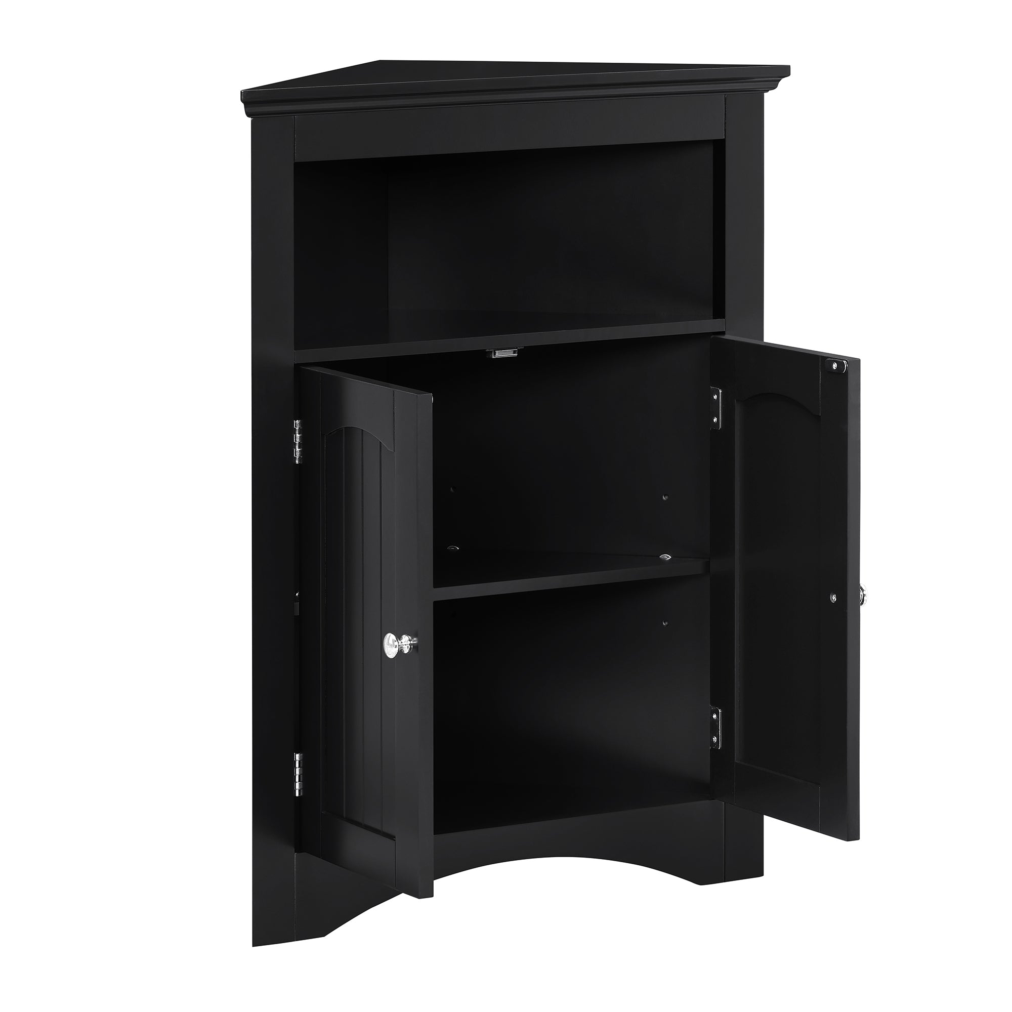 Matte black finish corner sideboard from Anthony & Home, showcasing sleek modern design with storage compartments and a smooth surface.