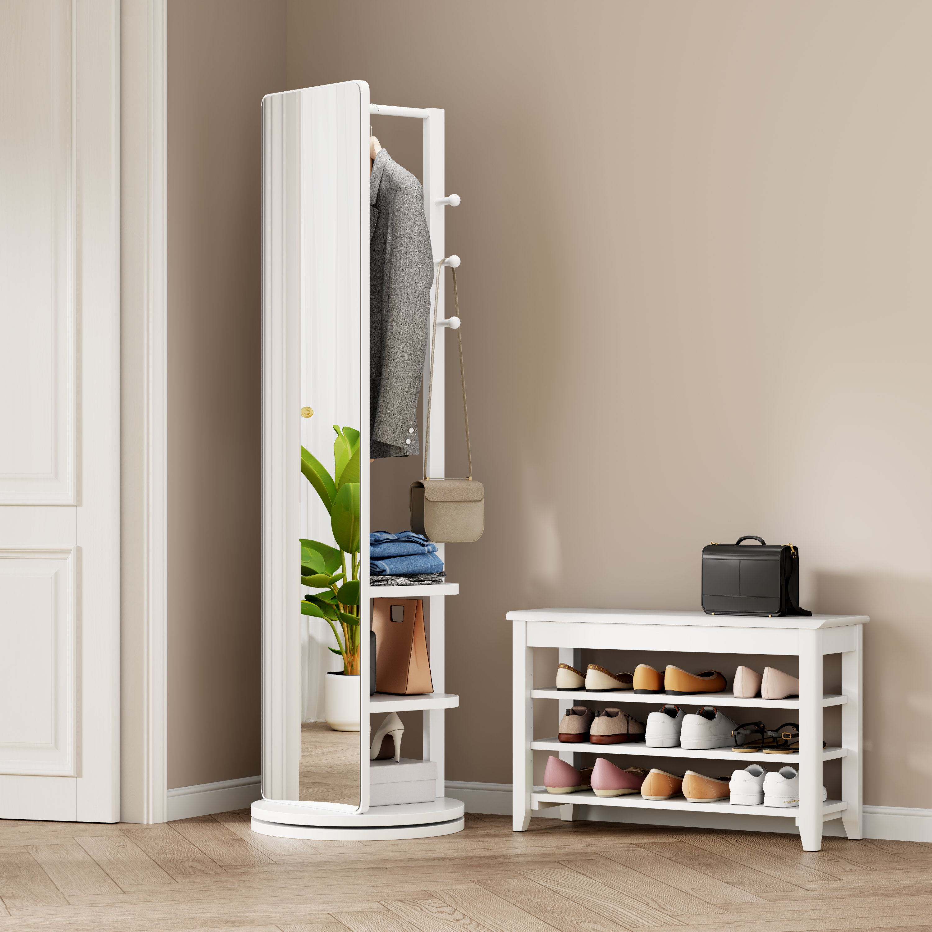 Rubber Wood Mirror Collection 360 Degree Rotating Full Length With Coat Rack And Hook Storage