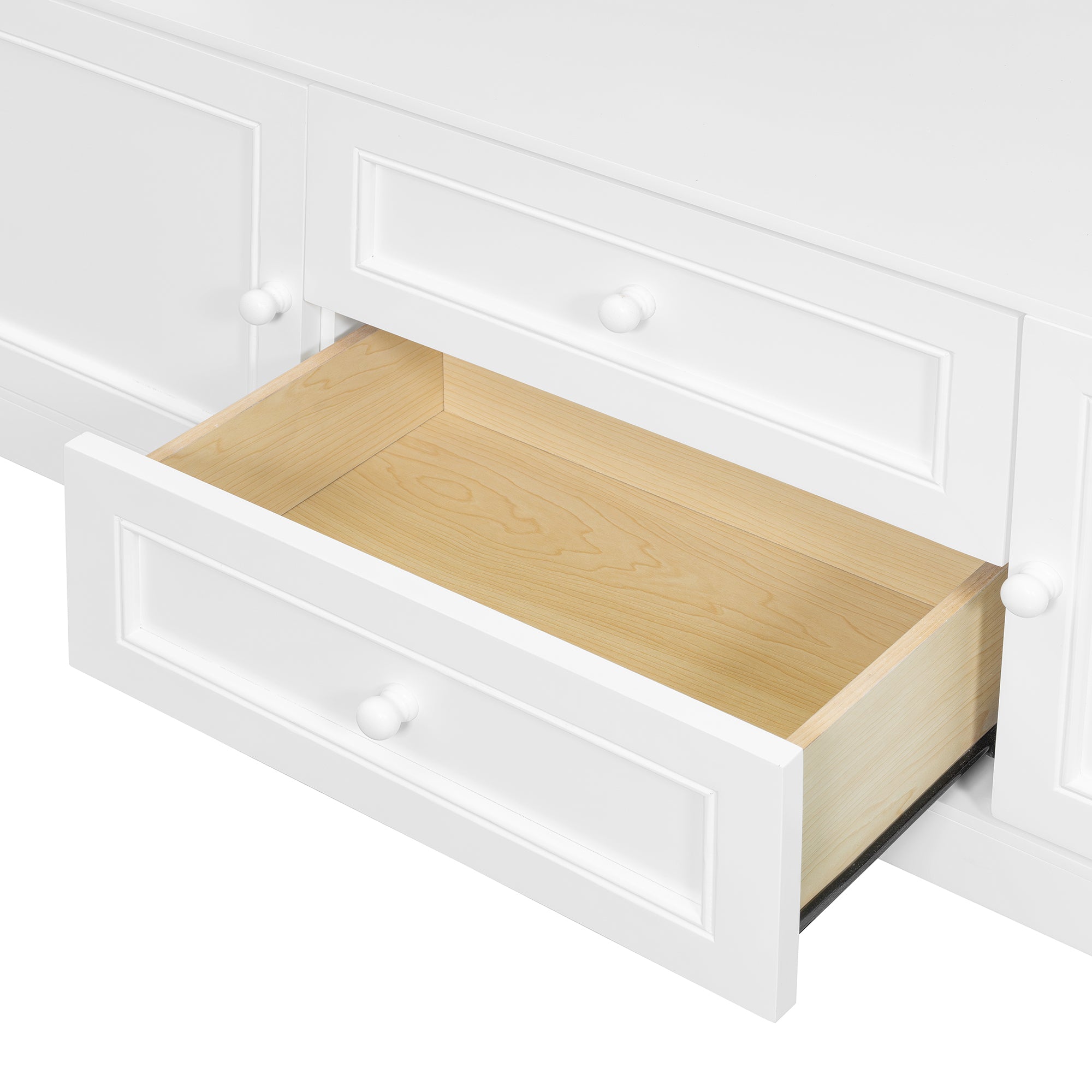 Solid wood Murphy bed with TV stand in white finish, twin size, featuring two drawers and cabinets by Anthony & Home