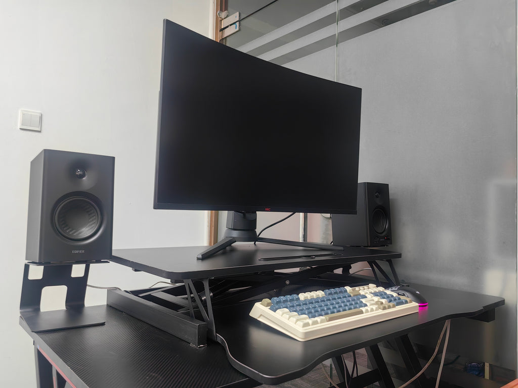 Anthony & Home 32-inch aluminum desk converter with dual monitor tray, adjustable height and sturdy workspace for ergonomic setup.