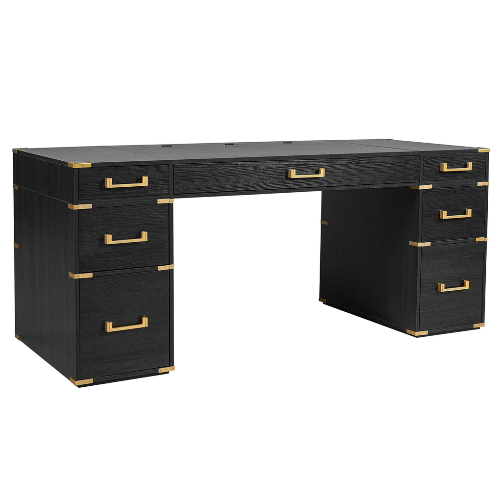 Close-up of Anthony & Home Executive Desk with signature metal edge trim showcasing sleek, modern desk design.