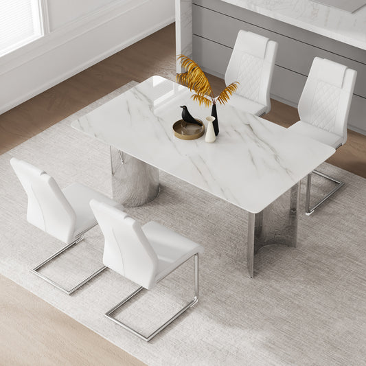 Dining Table And Chair Set With Imitation Marble Glass Top And Stainless Steel Legs PU Leather Seats Limited Release